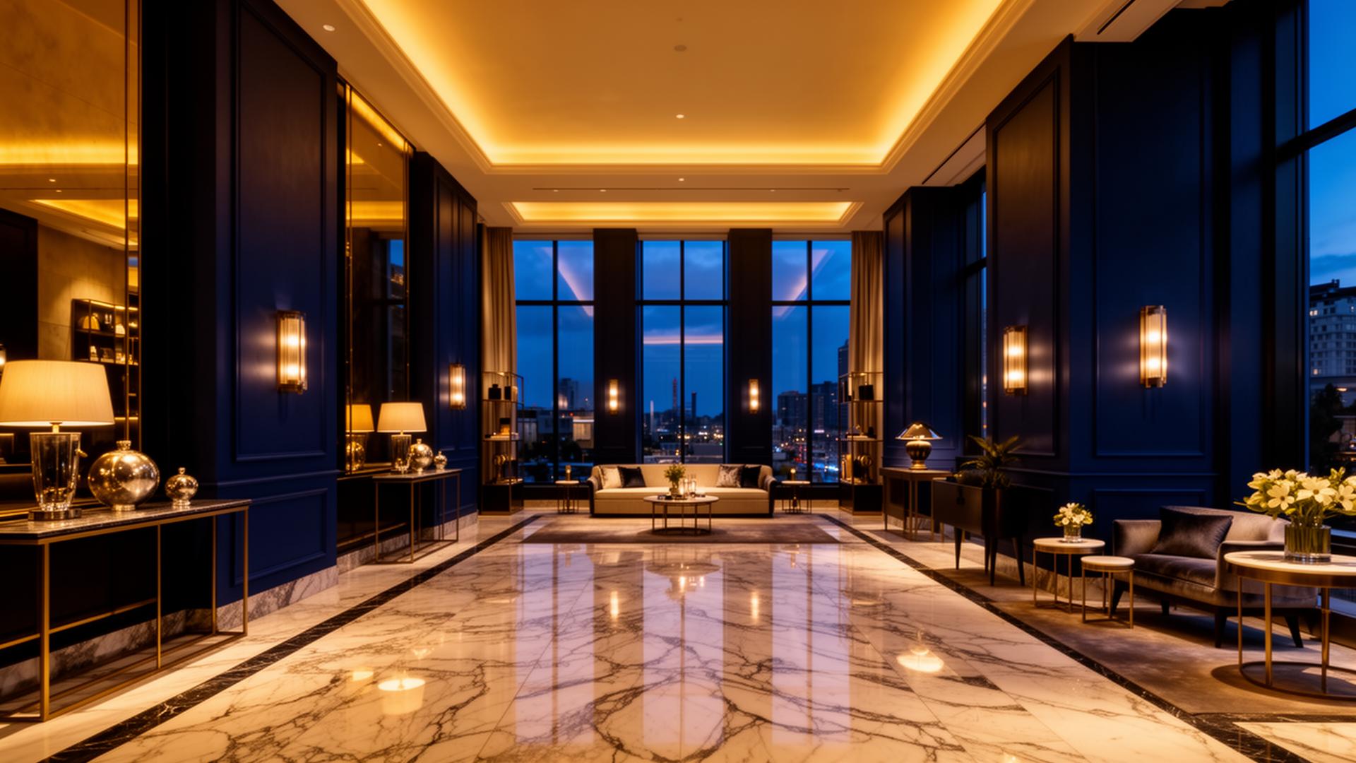 Luxury boutique hotel lobby at dusk